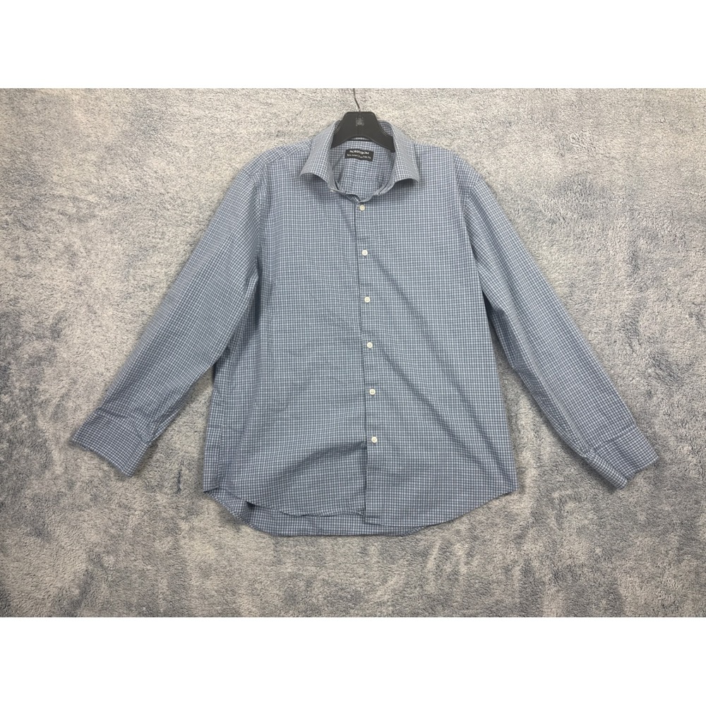 Nordstrom Mens 16.5 32-33 Blue Tech-Smart Extra Trim Fit Check Button Down Shirt
